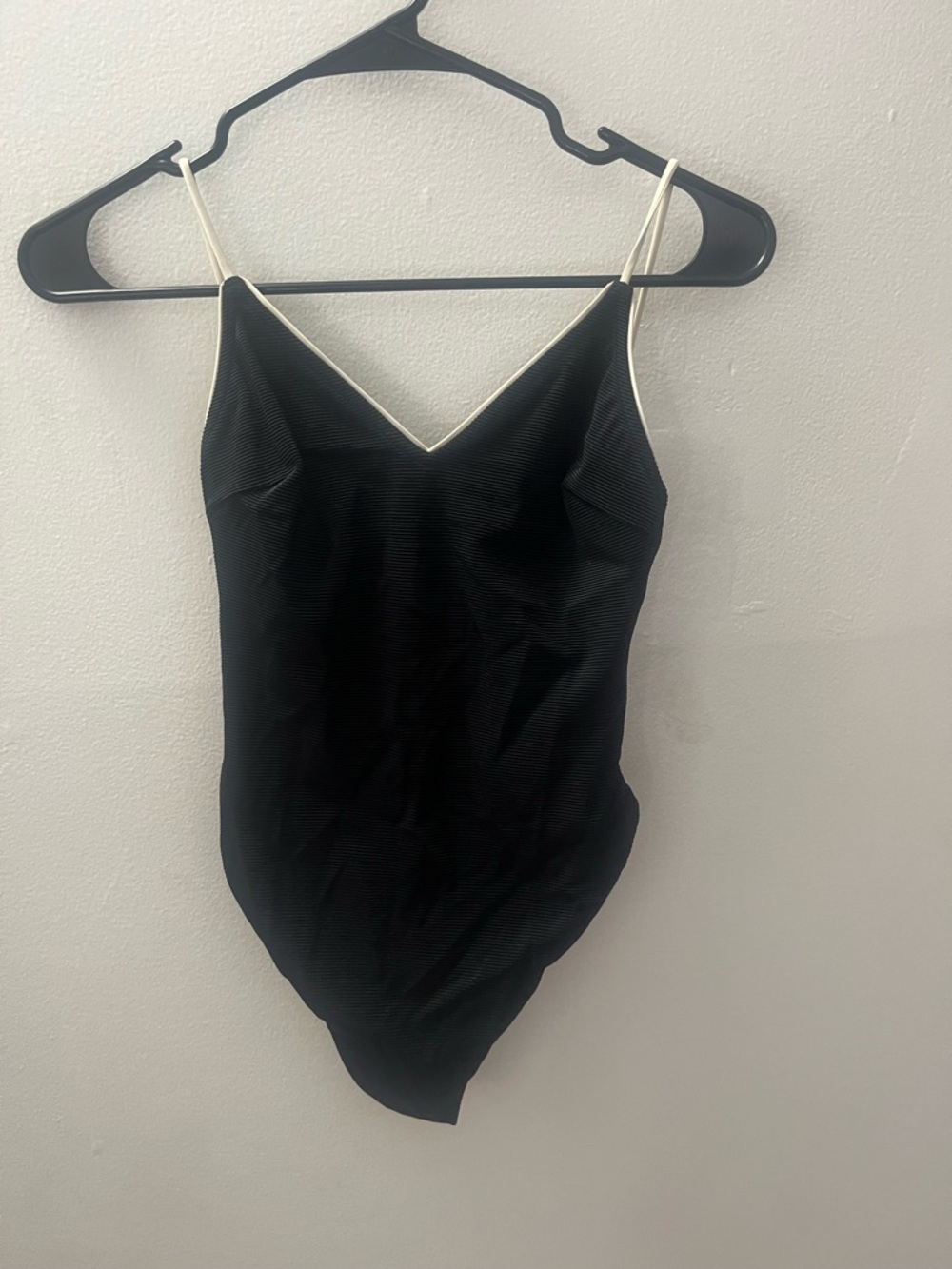 Black V-Neck Cami Swimsuit with Cream Trim